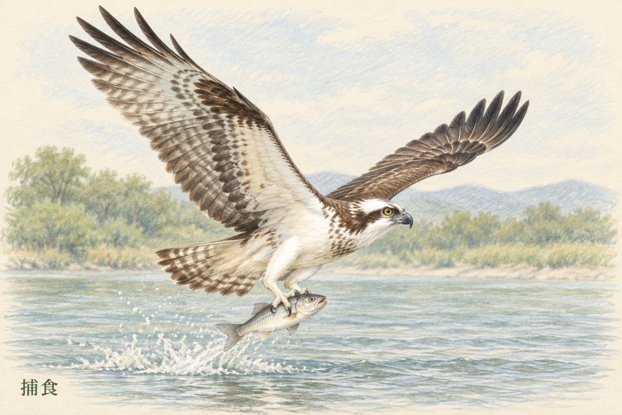 魚を足でつかみ水面から飛び上がるミサゴの色鉛筆画