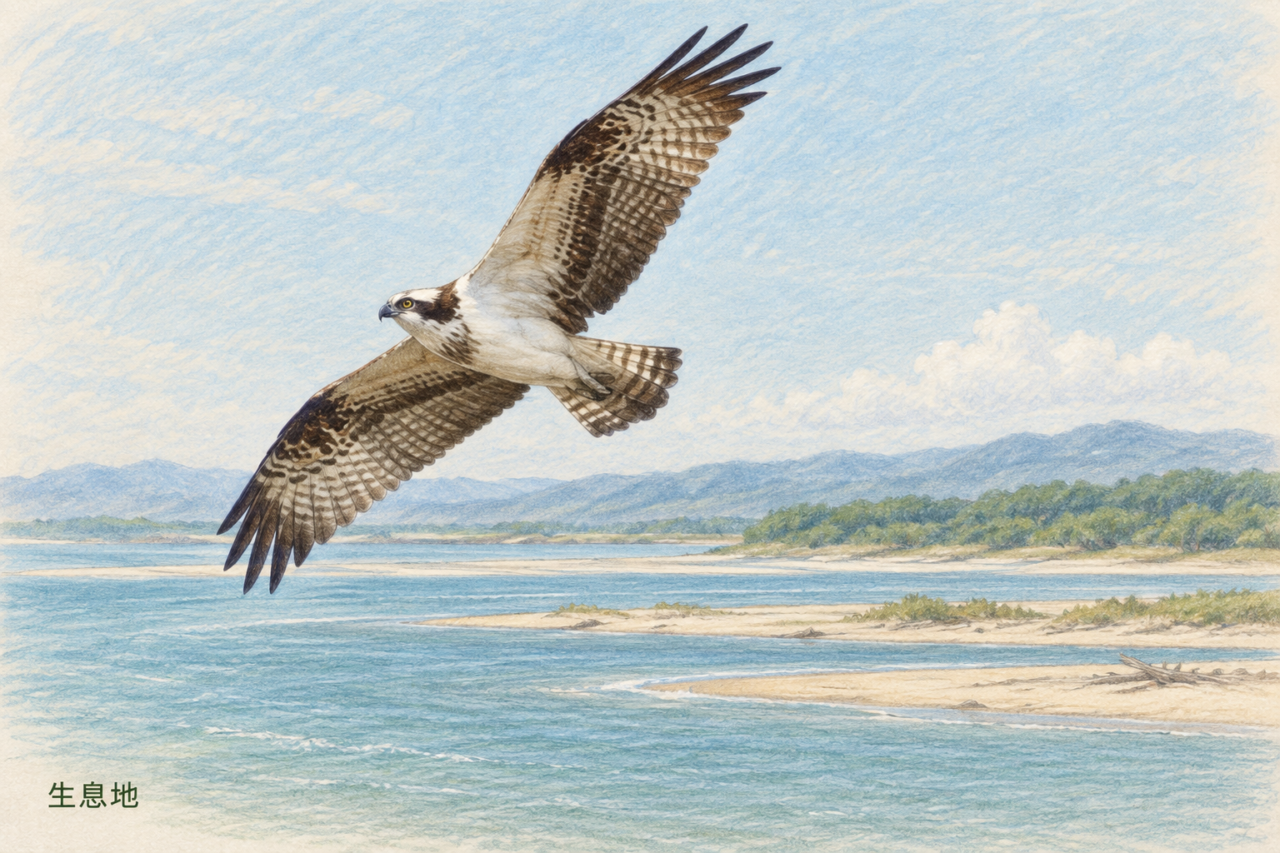 河口の水面を飛ぶミサゴと海岸・河川の生息環境を描いた色鉛筆画