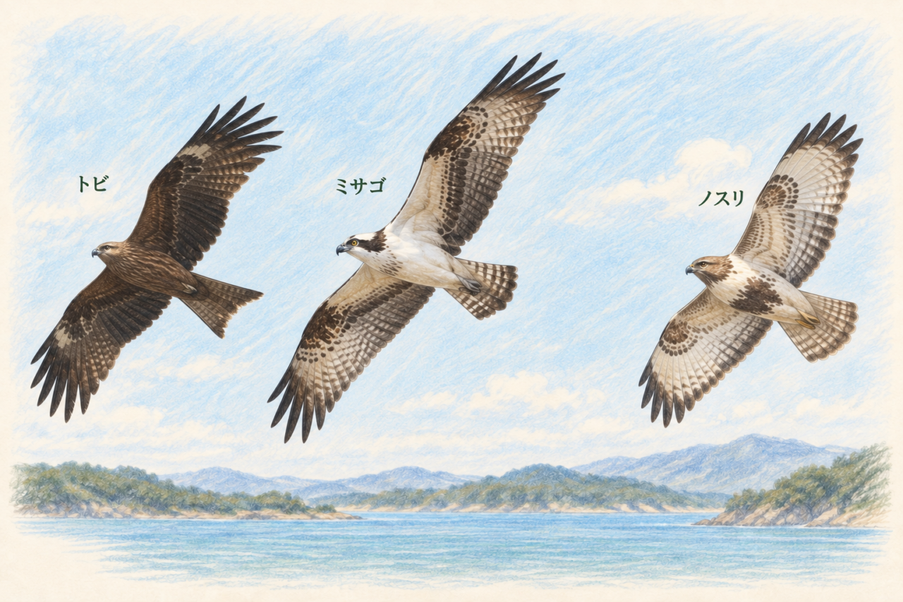 左にトビ、中央にミサゴ、右にノスリ。各鳥の近くに名前を添え、翼・お腹・尾の形を並べた淡い色鉛筆画