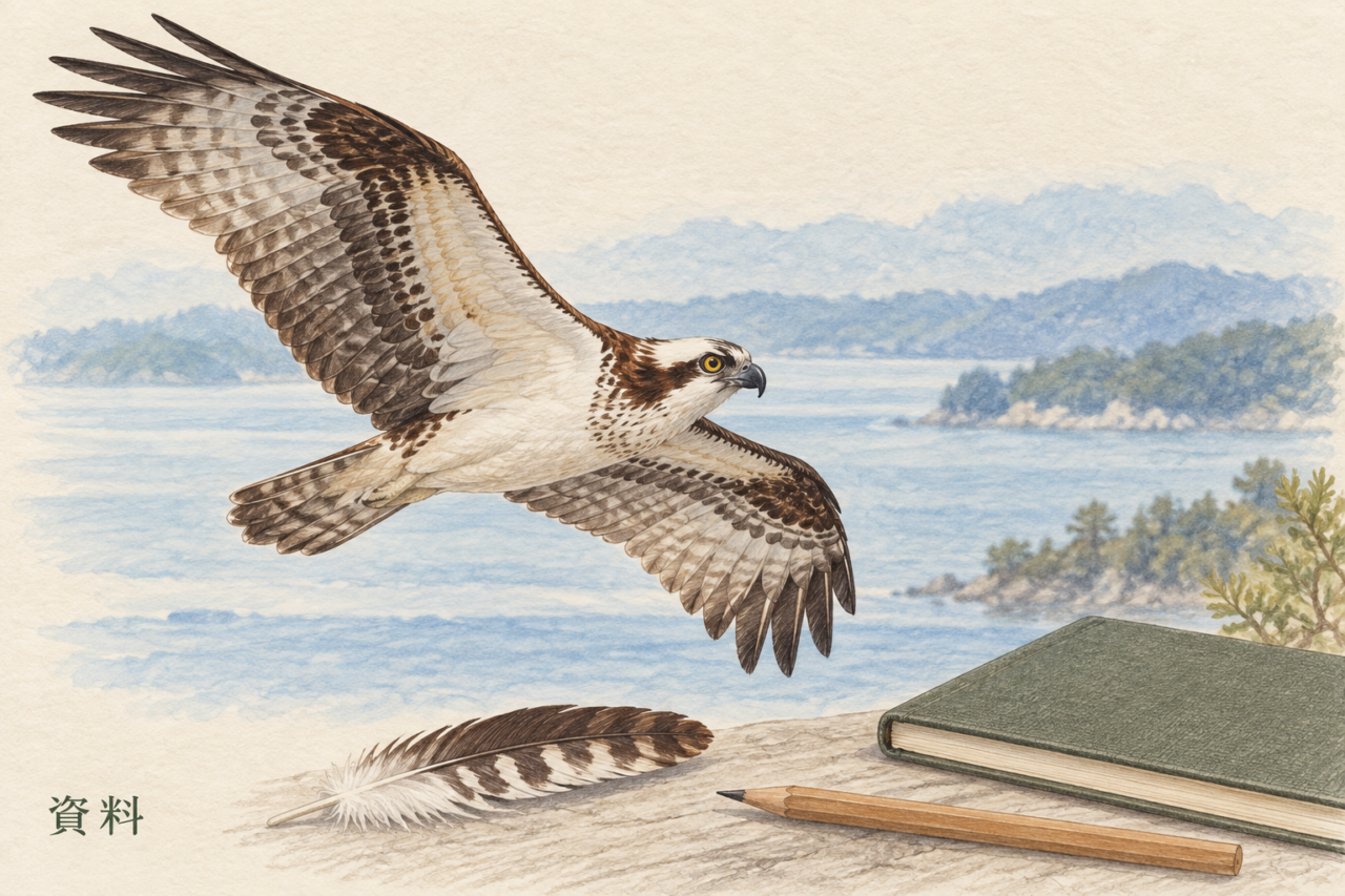 ミサゴの飛翔姿と野鳥図鑑、鉛筆を描いた淡い色鉛筆画