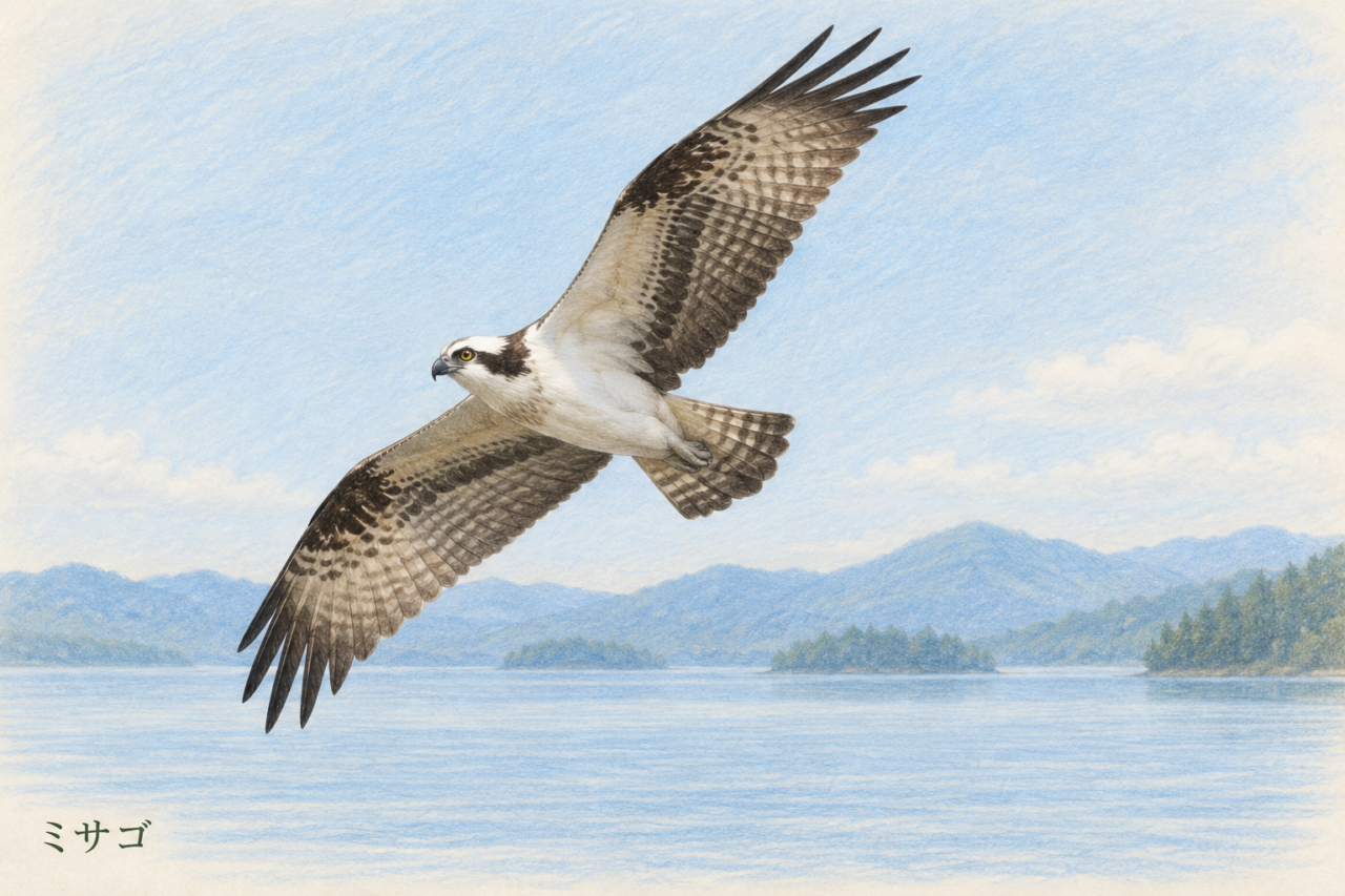 細長い翼を広げて水辺を飛ぶミサゴの色鉛筆画
