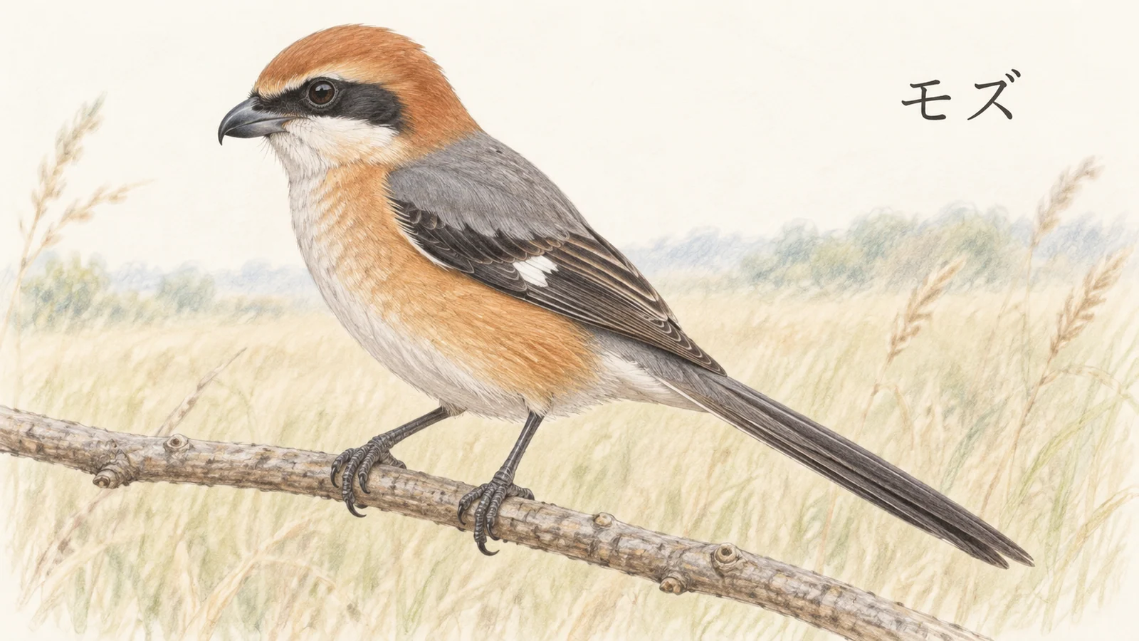 茶色い頭と黒い目の線、かぎ状のくちばしを持つモズのオスの色鉛筆画
