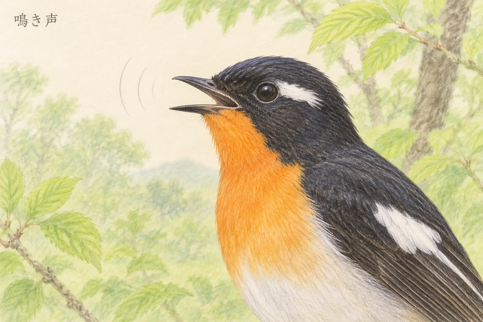 鳴くムギマキのオスの横顔。目の後ろの白斑と橙色の胸が見える色鉛筆画