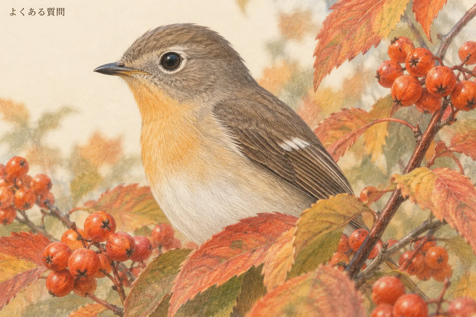 淡い橙色の胸を持つ褐色のムギマキのメス型を木の実の間に描いた色鉛筆画