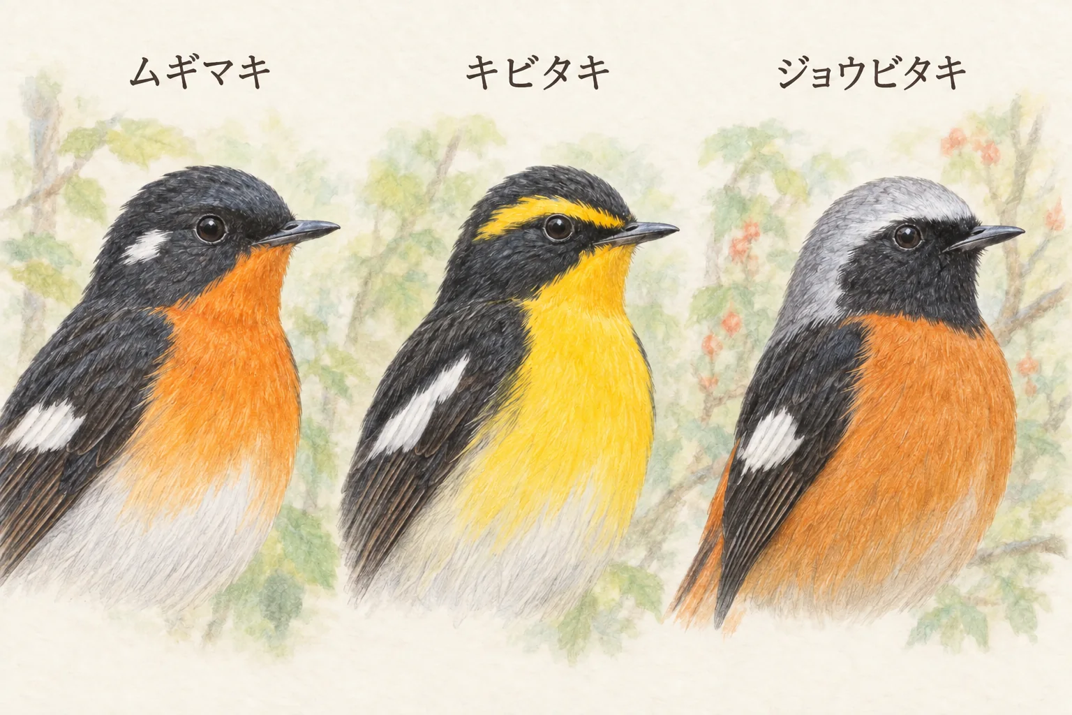 ムギマキの目の後ろの白斑、キビタキの黄色い眉、ジョウビタキの灰色の頭と胸を比べた色鉛筆画