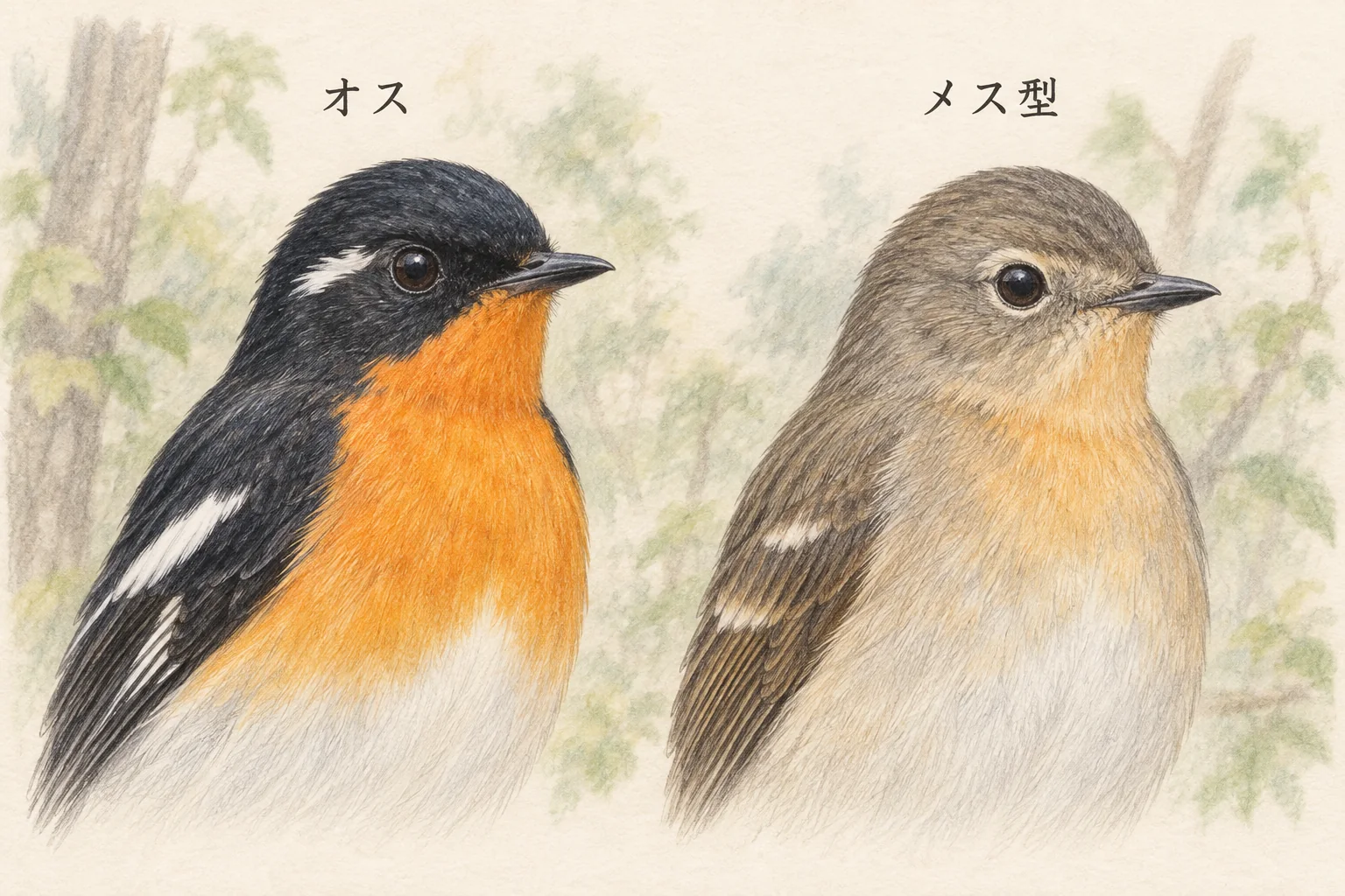 ムギマキのオス成鳥と褐色のメス型を並べた色鉛筆画。胸の橙色や顔・翼の模様の違い