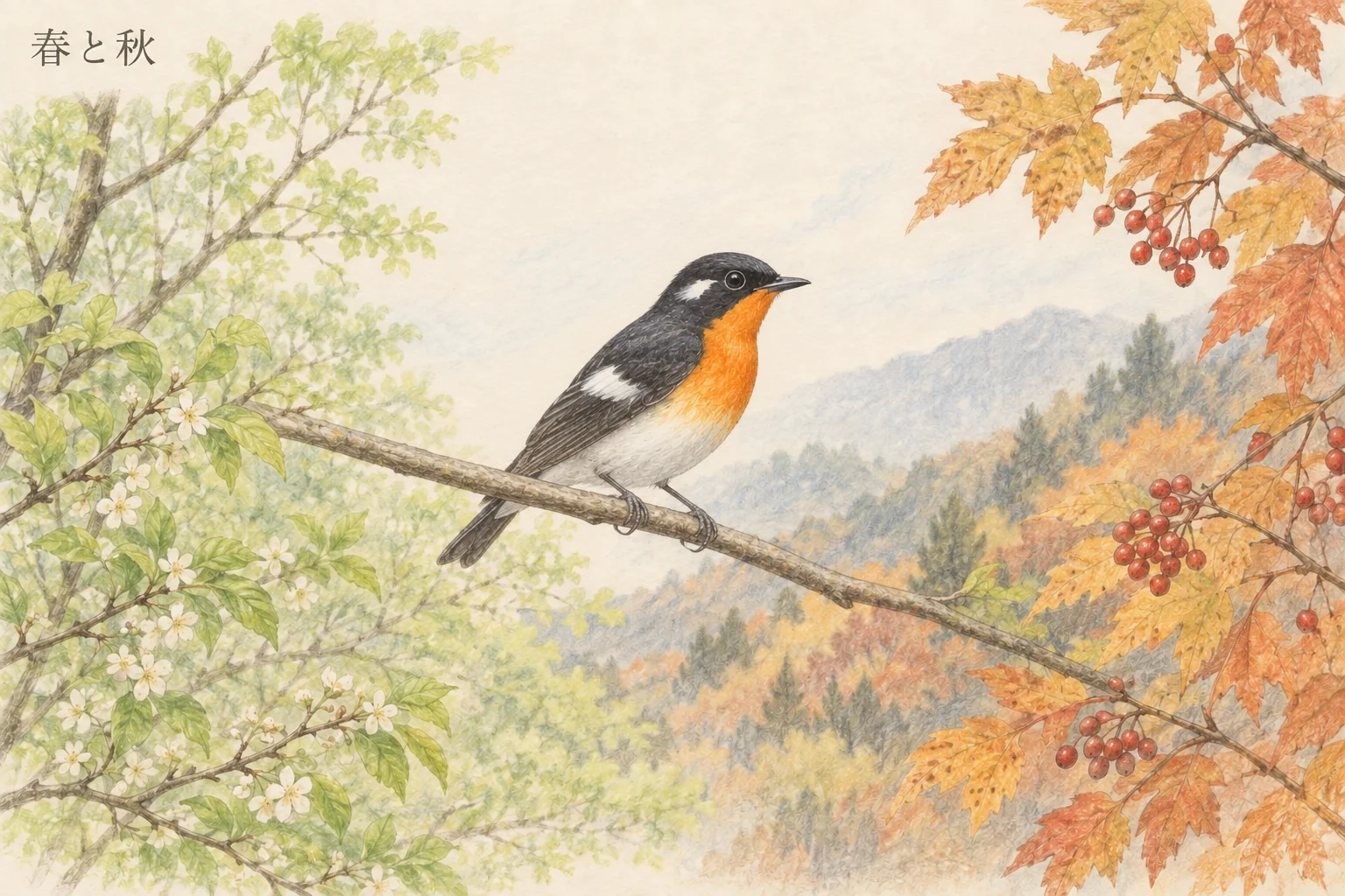 春の新緑と秋の紅葉を背景に枝へ止まるムギマキのオス。見られる時期を表す色鉛筆画