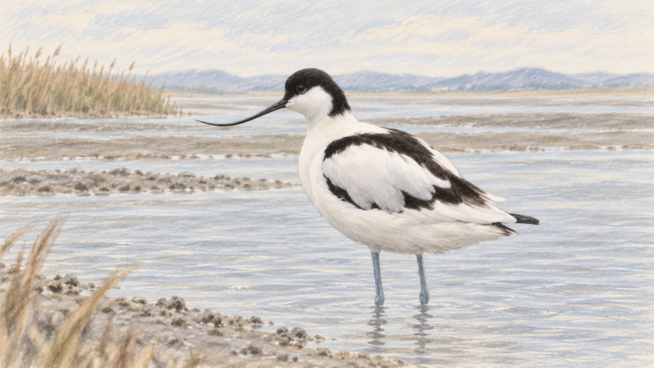 秋の干潟に立つソリハシセイタカシギの淡い色鉛筆画。浅い水面と草地を描く