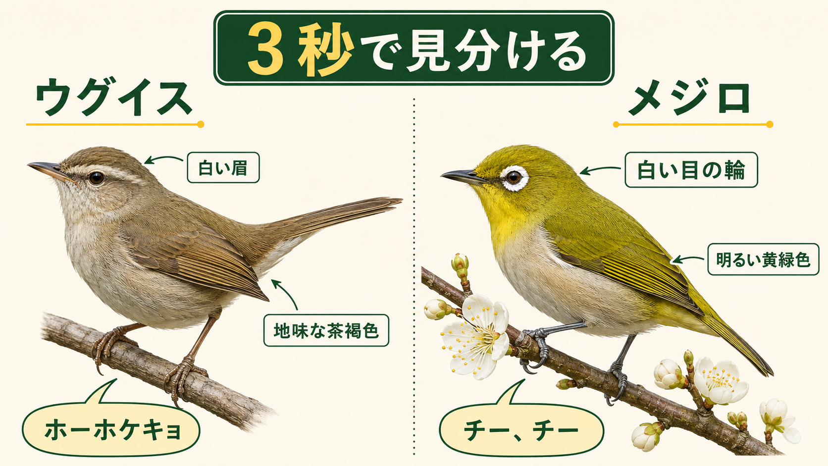 ウグイスとメジロの違い・見分け方｜色・鳴き声・梅の鳥 | 野鳥情報.com