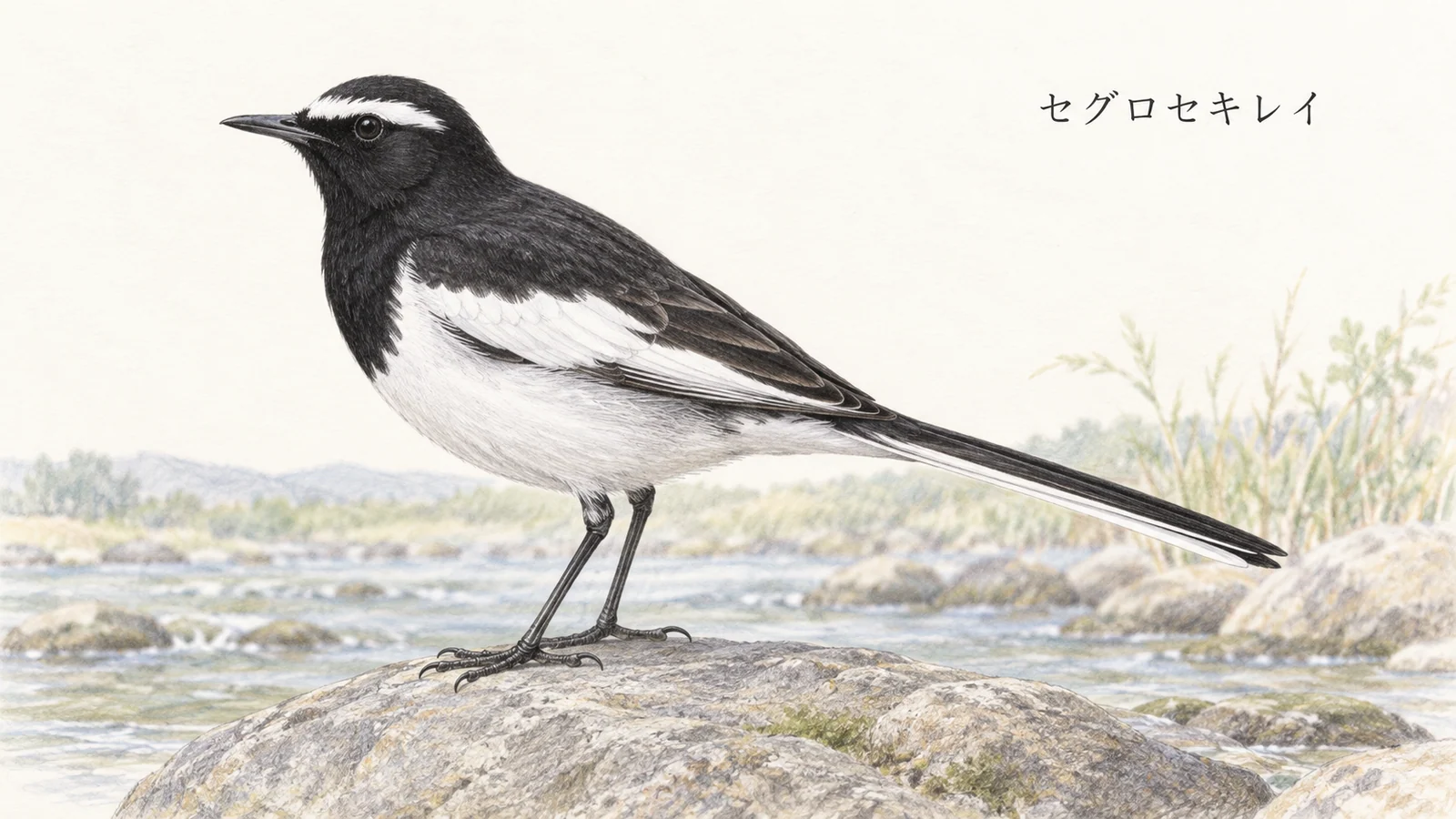 黒い頬と白い眉斑が目立つセグロセキレイが石に立つ色鉛筆画