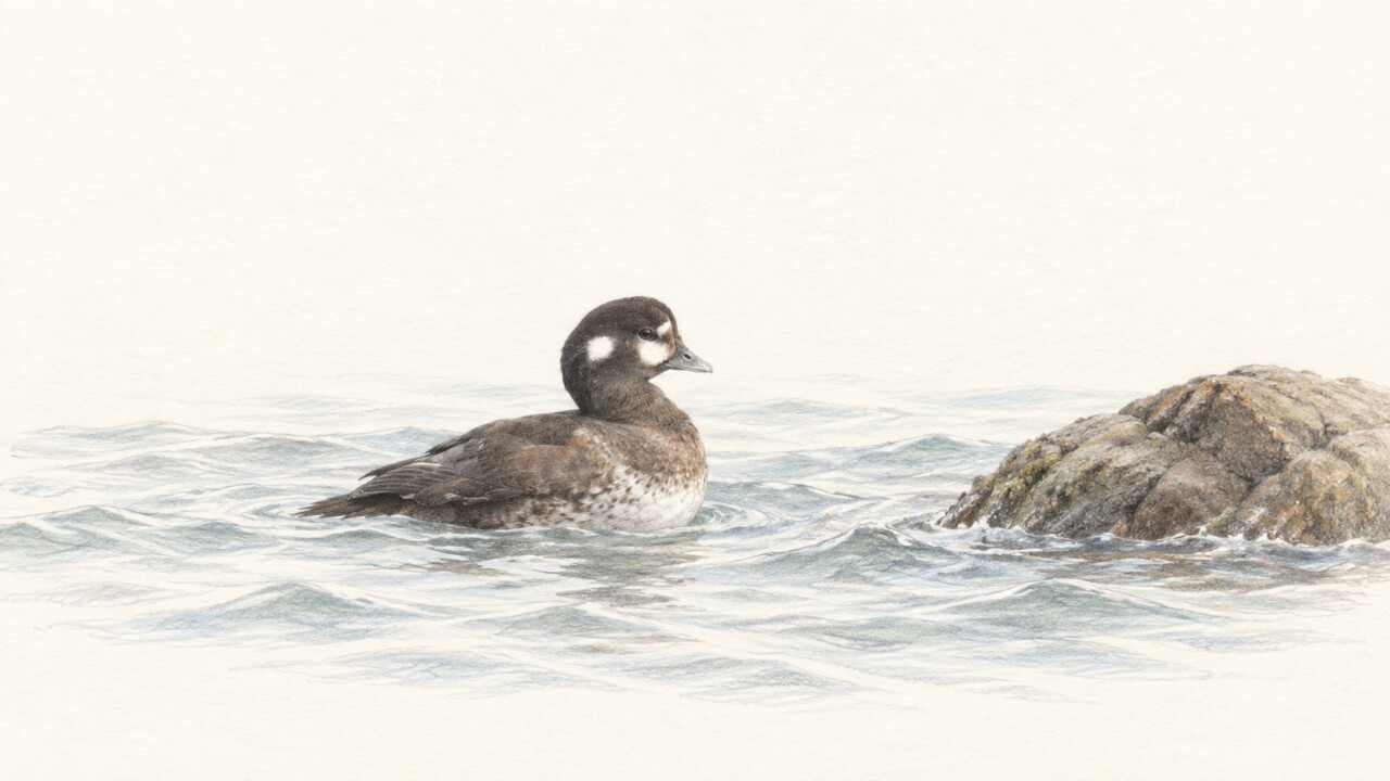 岩礁の近くを泳ぐシノリガモのメスの色鉛筆画