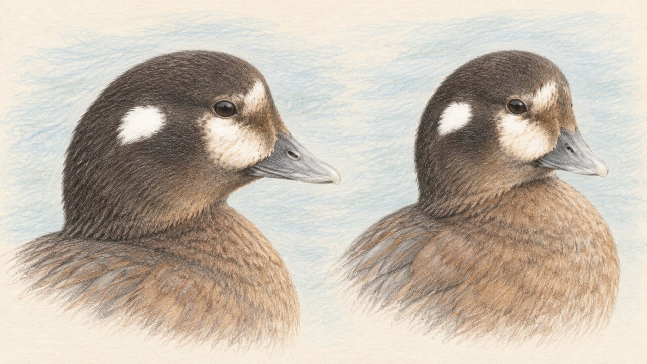 シノリガモのメスの目の後ろの丸い白斑と短いくちばしが分かる色鉛筆画