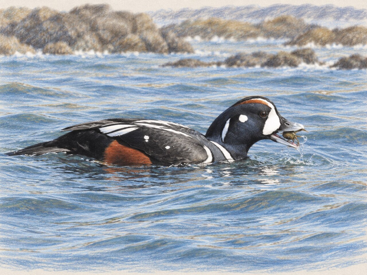 海面で小さなカニを食べるシノリガモのオスの色鉛筆画