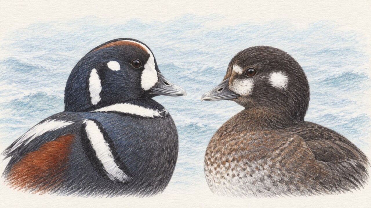 シノリガモのオスとメスの顔の白斑を比較する色鉛筆画