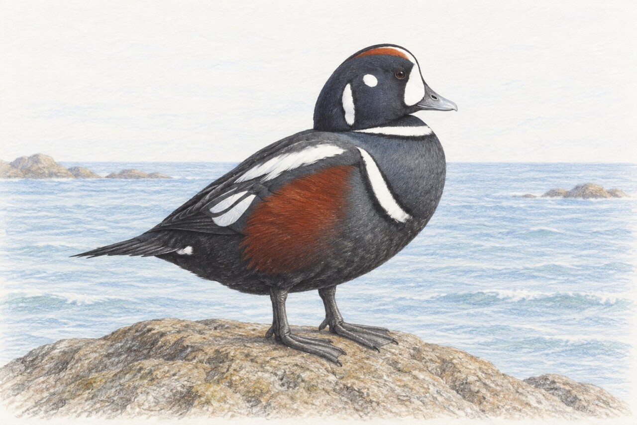 岩に立つシノリガモのオスの横姿を描いた色鉛筆画