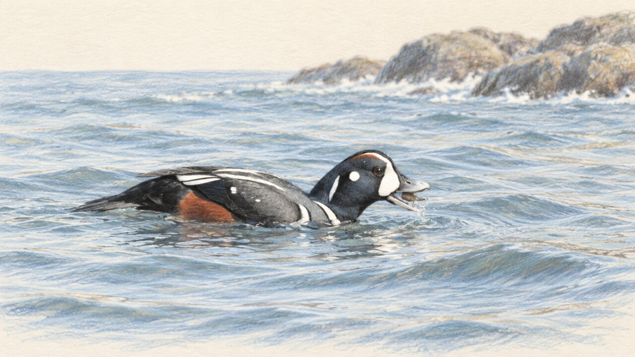 海面を泳ぐシノリガモのオスの色鉛筆画。青黒い体と白い模様が見える