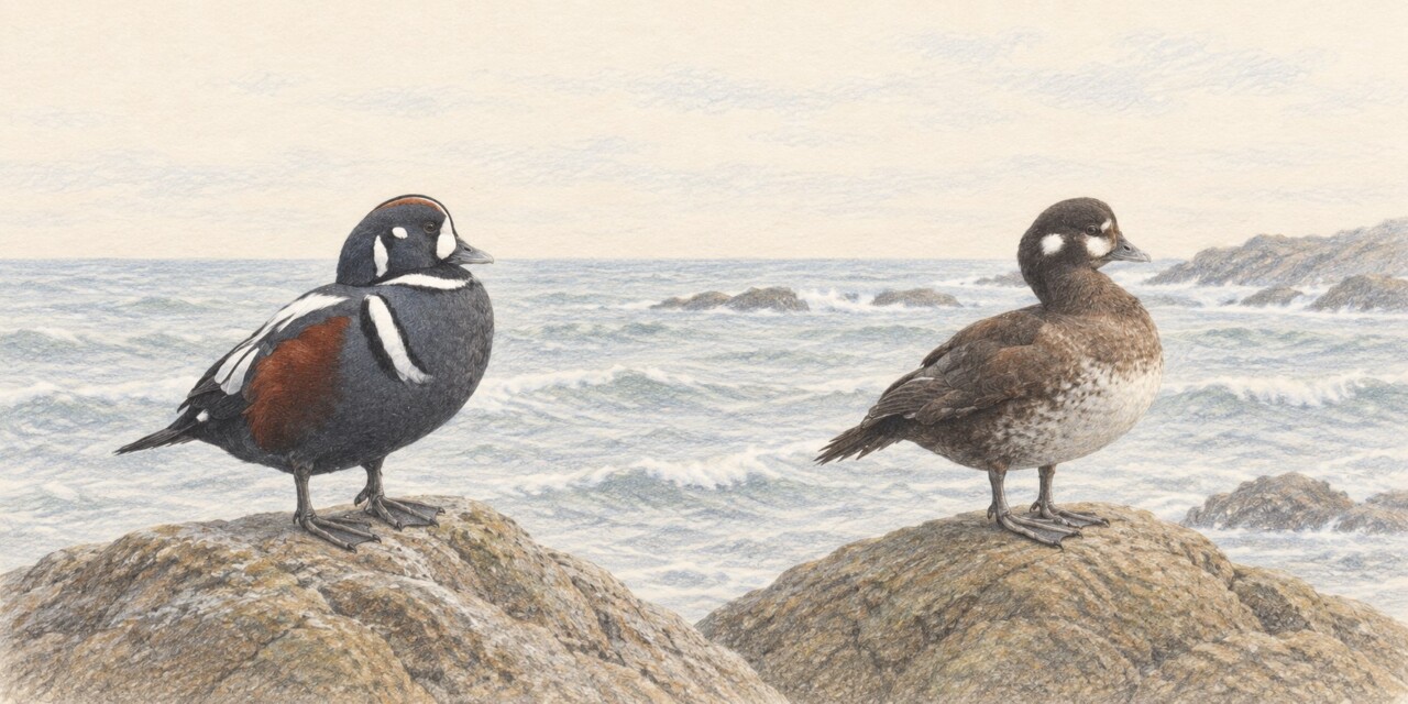 岩の上で休むシノリガモのオスとメスを描いた色鉛筆画
