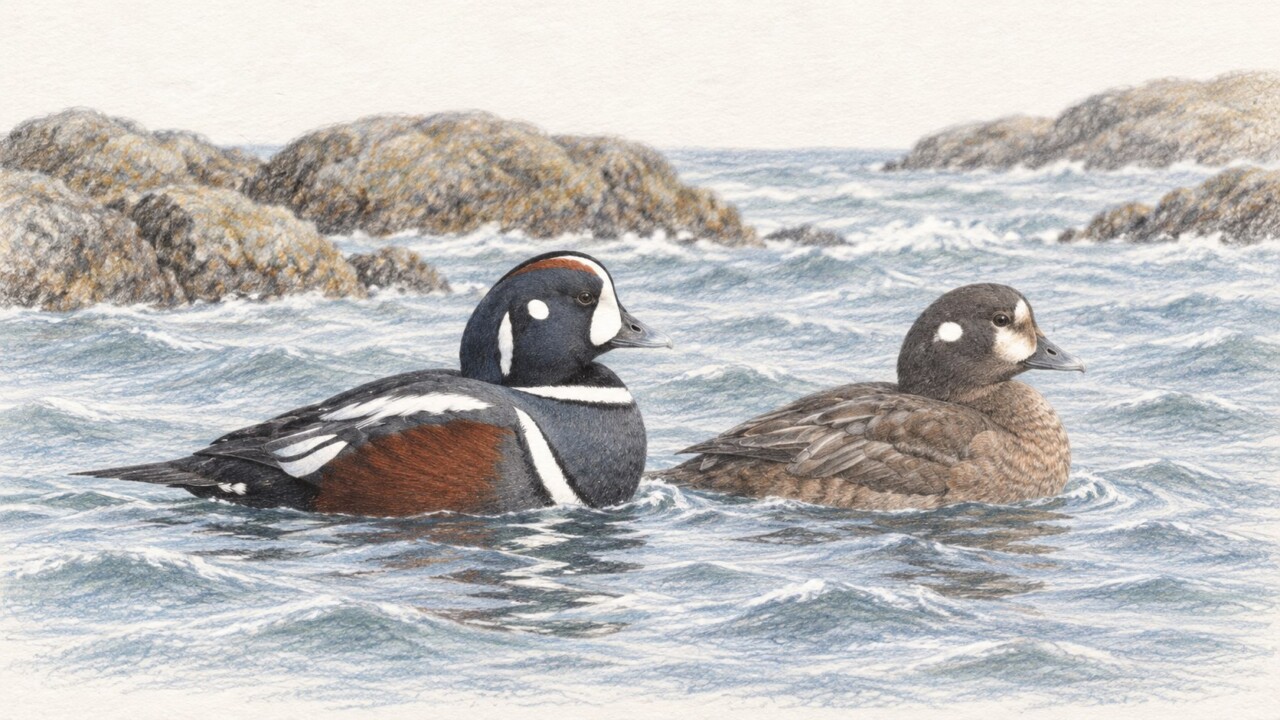 海で並んで泳ぐシノリガモのオスとメスの色鉛筆画
