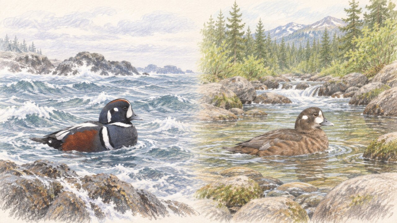 シノリガモが冬の岩礁海岸と夏の渓流で暮らす様子を描いた色鉛筆画