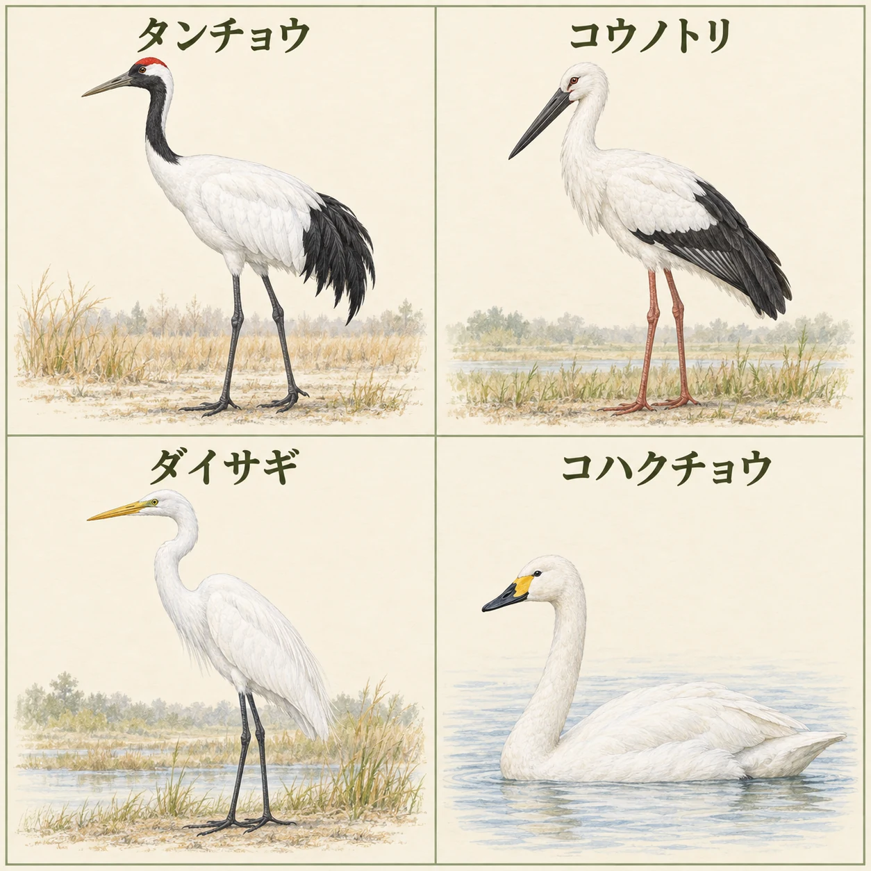 タンチョウ、コウノトリ、ダイサギ、コハクチョウの成鳥を並べ、首の色、頭頂、くちばし、脚を比較したイラスト