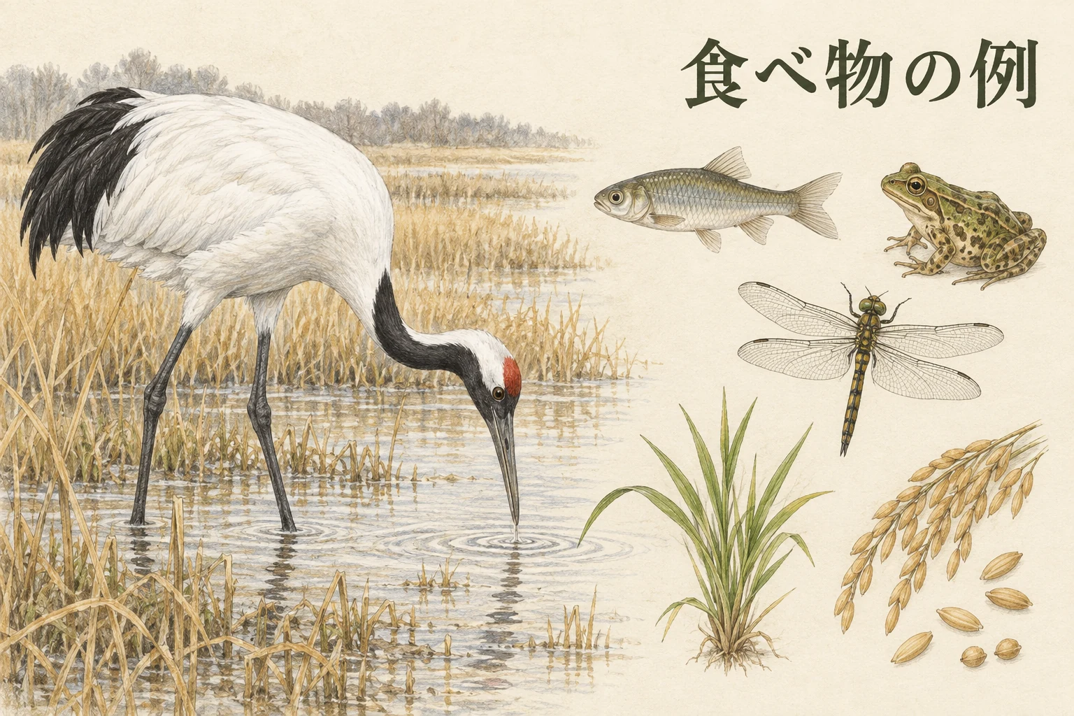 水辺で餌を探すタンチョウと、食べ物の例である小魚、カエル、昆虫、植物の芽、穀物のイラスト