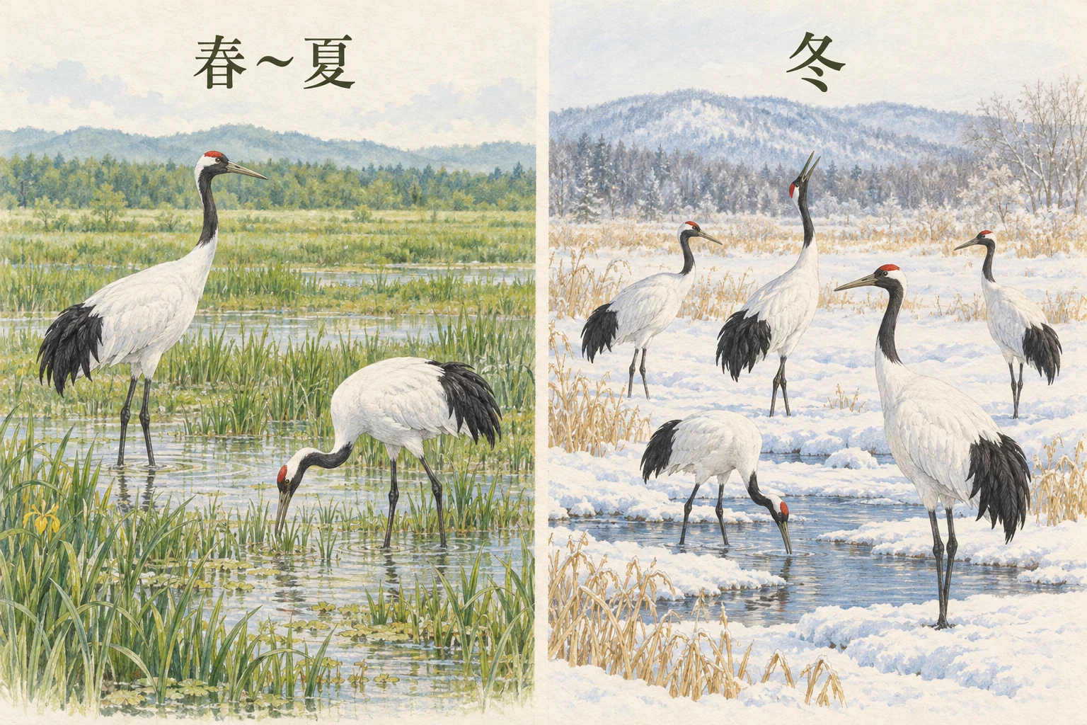 春から夏は緑の湿原で分散して暮らし、冬は雪景色の中で群れるタンチョウの比較イラスト