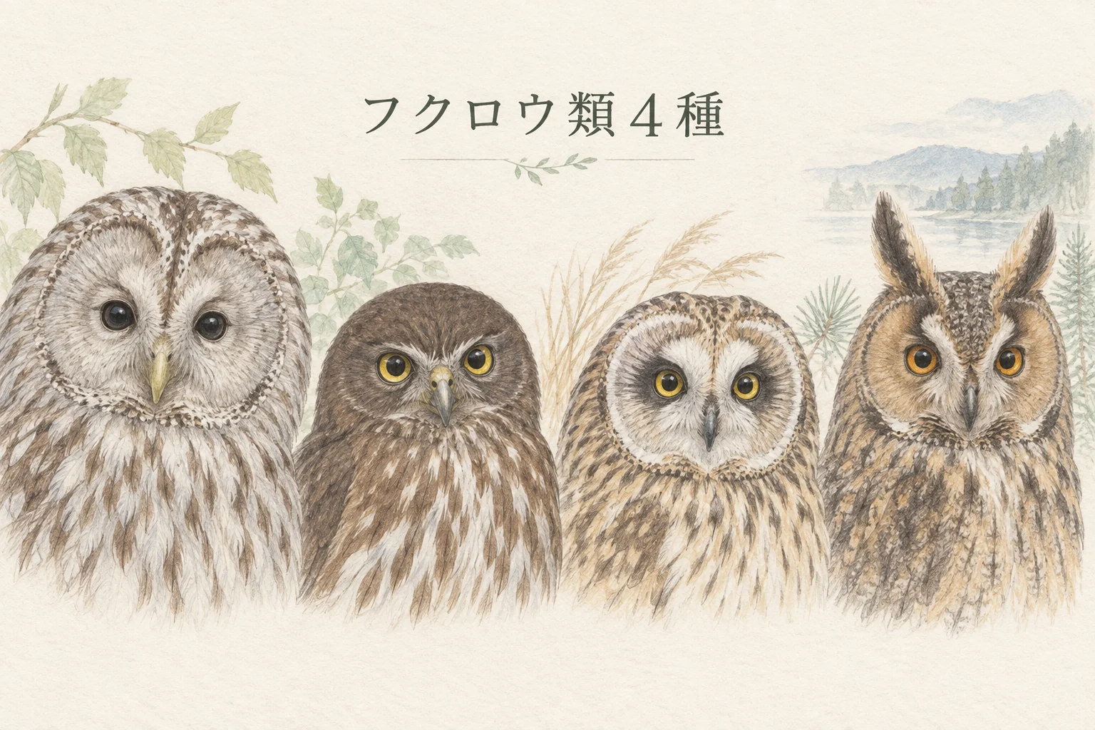 フクロウ、アオバズク、コミミズク、トラフズクの顔と胸の特徴を比べる4種の色鉛筆画