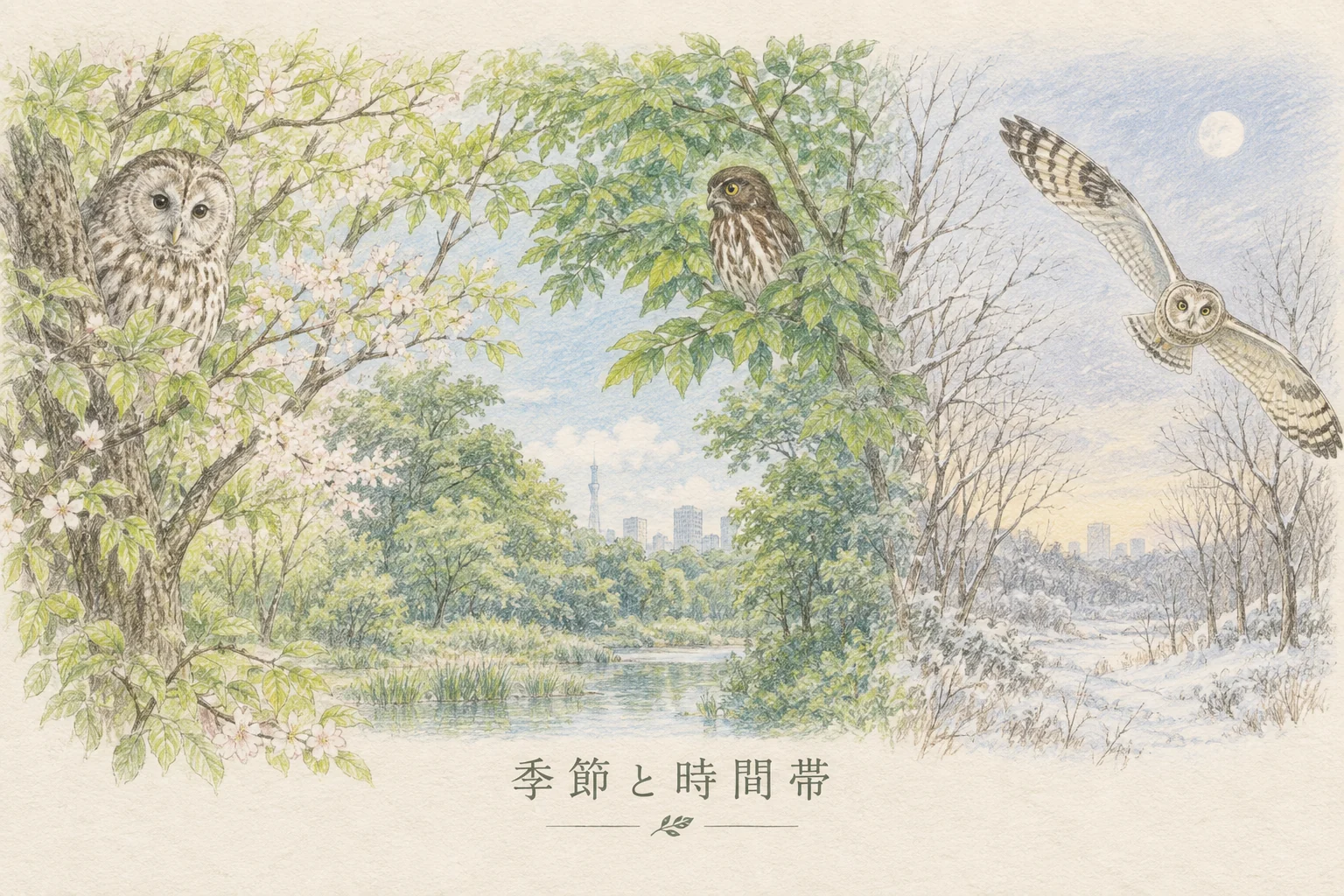 春のフクロウ、夏のアオバズク、冬のコミミズクを季節と時間帯の違いとともに描いた色鉛筆画