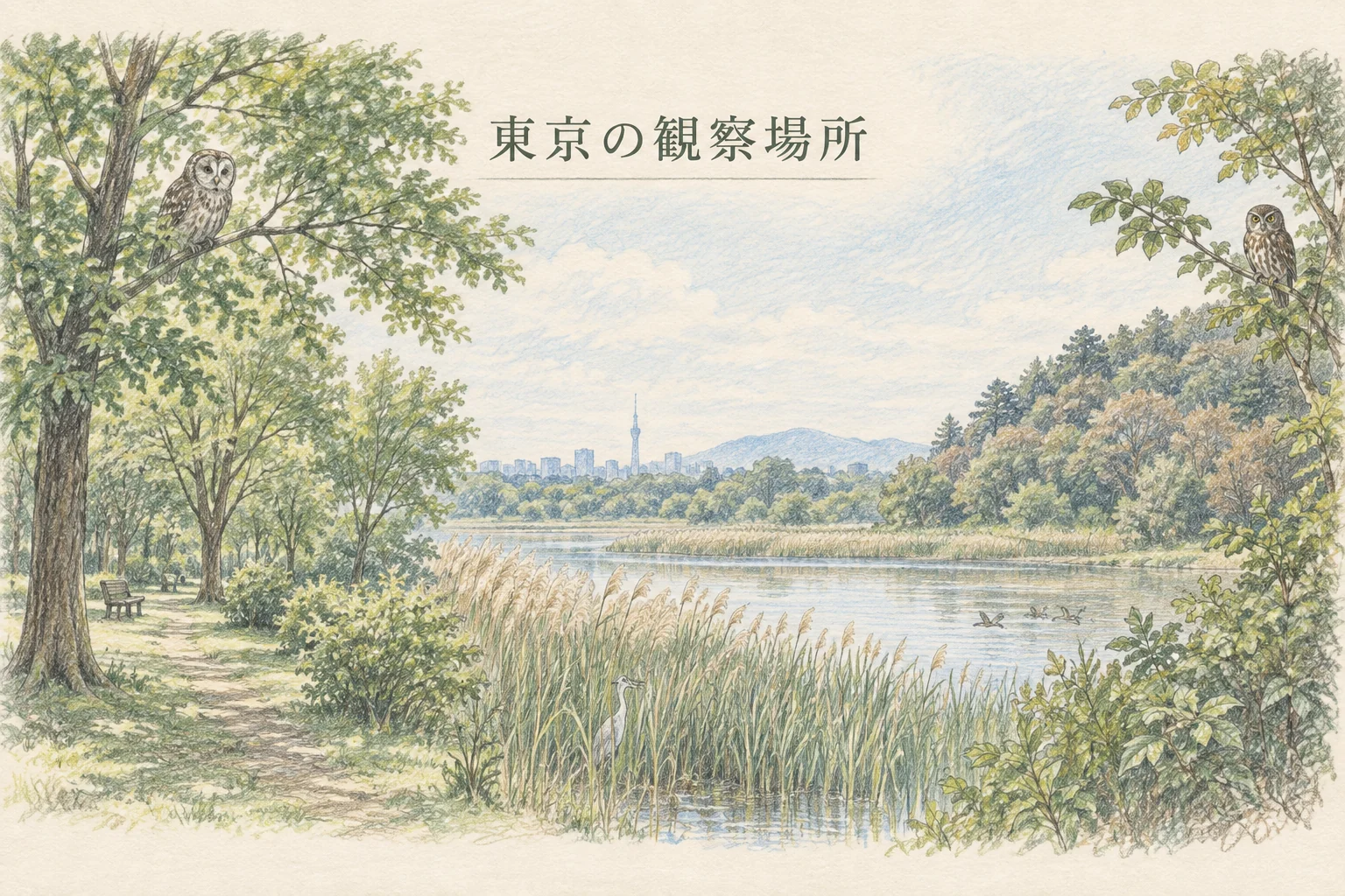 東京の公園の林、水辺のヨシ原、丘陵の森を描いた野生フクロウの観察場所のイラスト