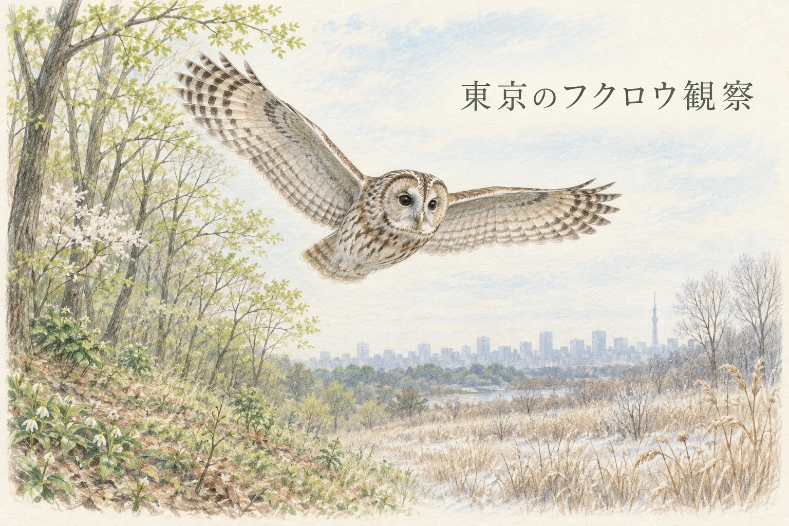 東京の雑木林と冬の草地の上を飛ぶフクロウの色鉛筆画