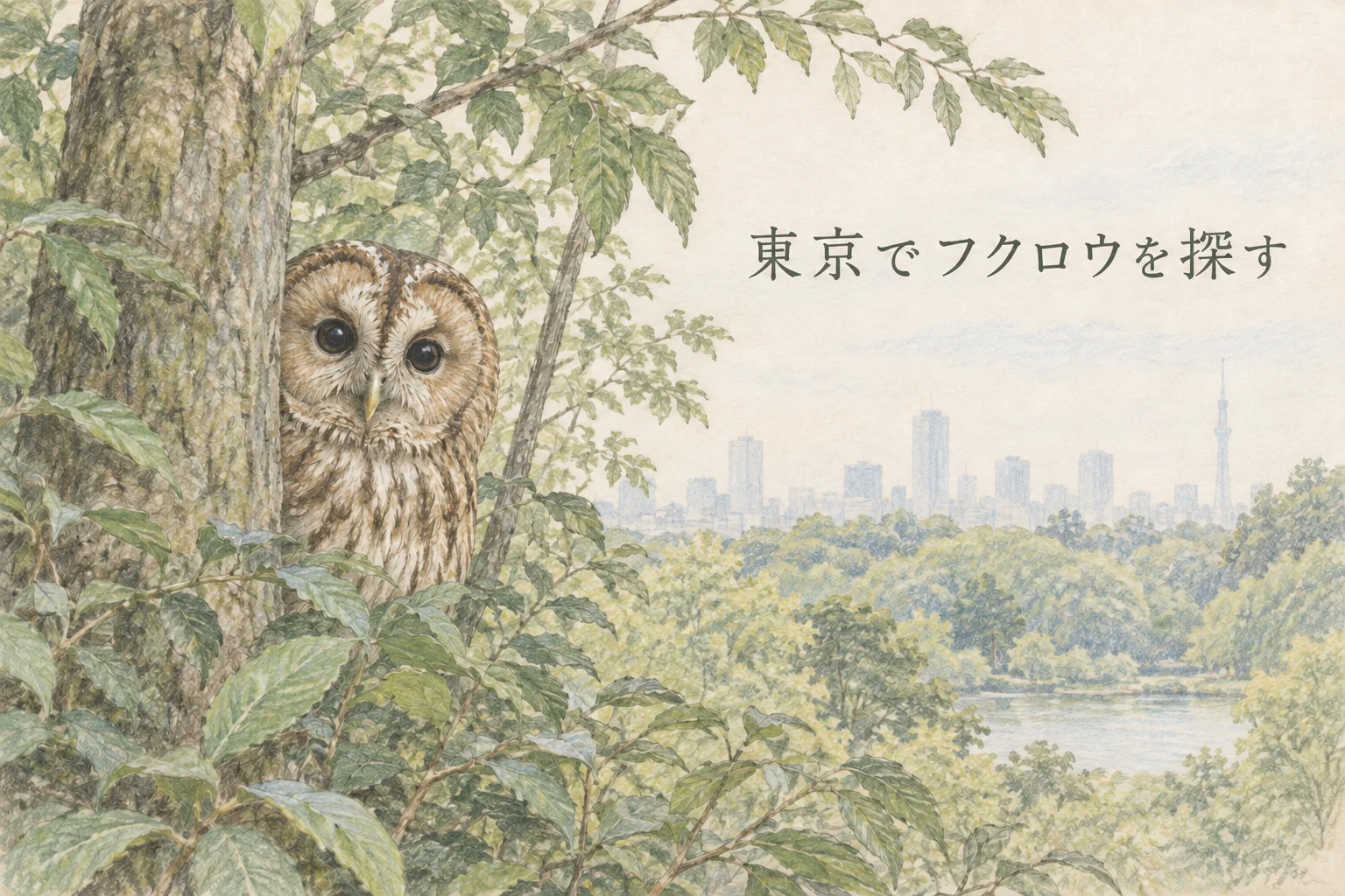 東京の公園林で葉の間から顔を出すフクロウ。東京でフクロウを探すという文字入り