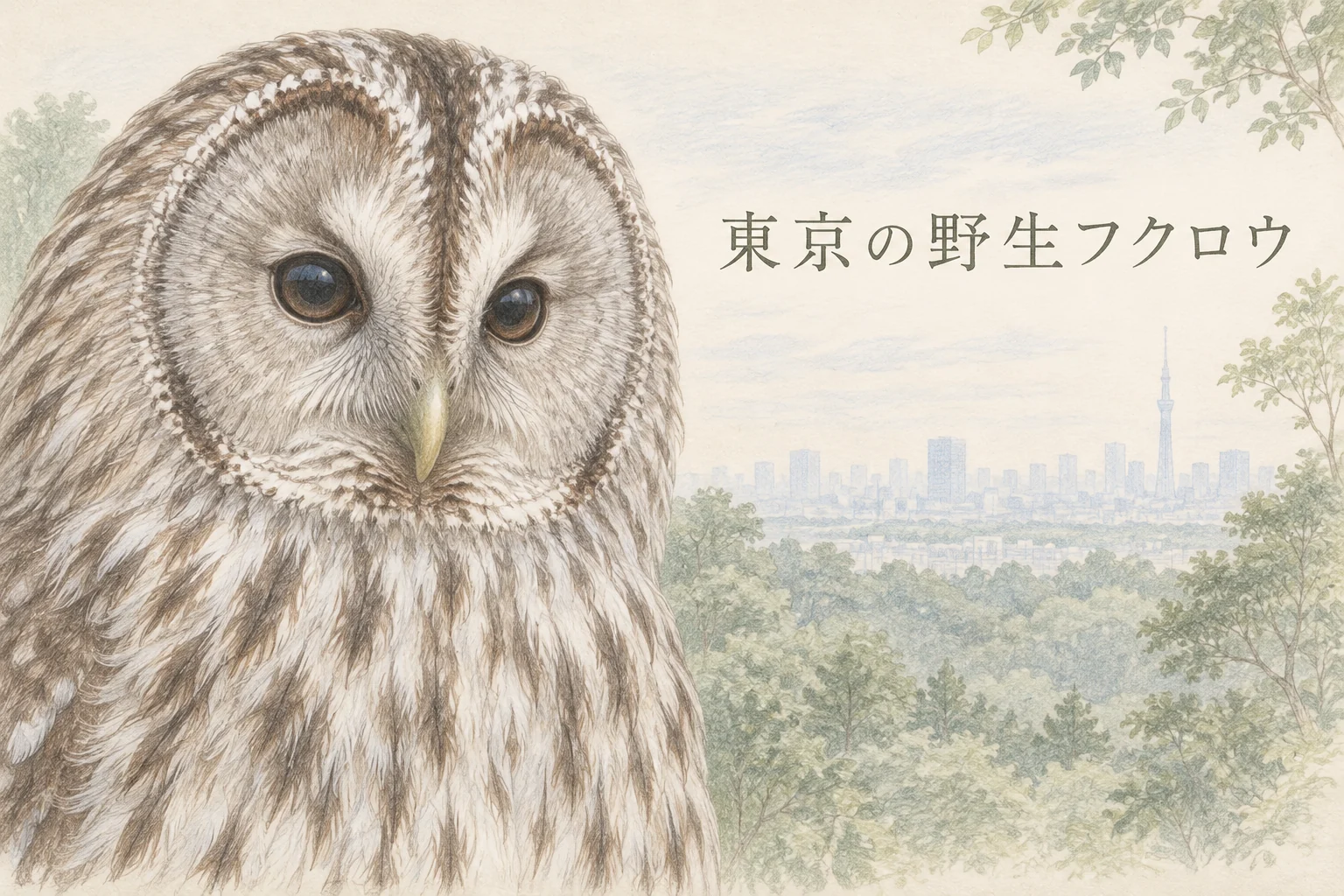 東京の森を背景にした野生のフクロウの色鉛筆画。東京の野生フクロウという文字入り