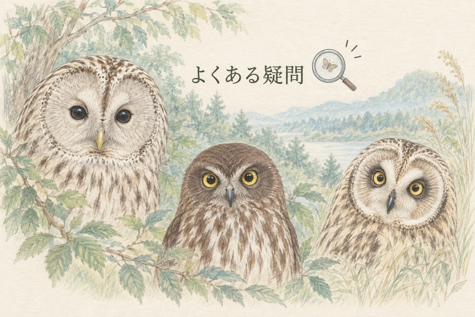 東京の野生フクロウについての疑問を表すフクロウ類3種の顔の色鉛筆画