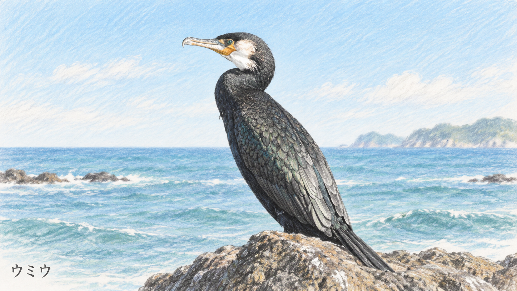 海岸の岩に止まるウミウの成鳥。黒い羽と白い頬を描いた色鉛筆画