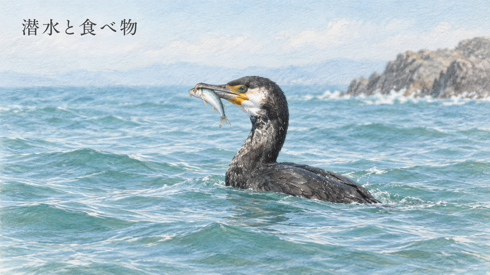 海から魚をくわえて浮上したウミウを描いた色鉛筆画
