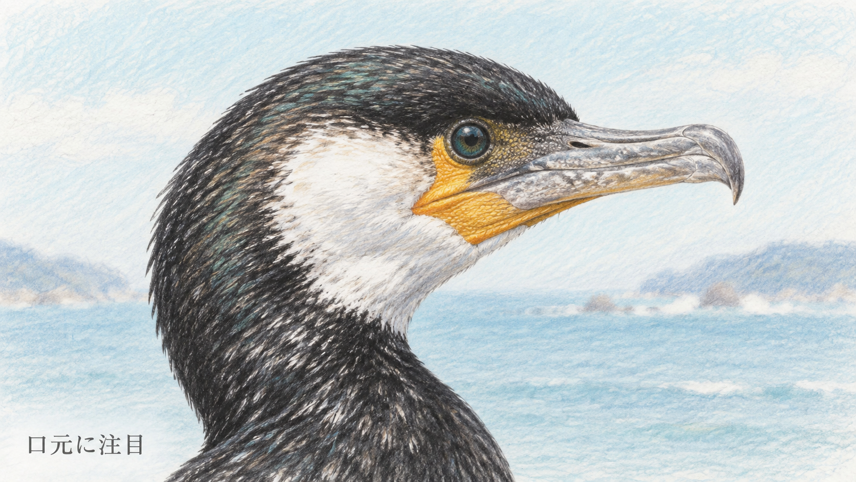 ウミウの横顔と口元の黄色い部分を示す色鉛筆画