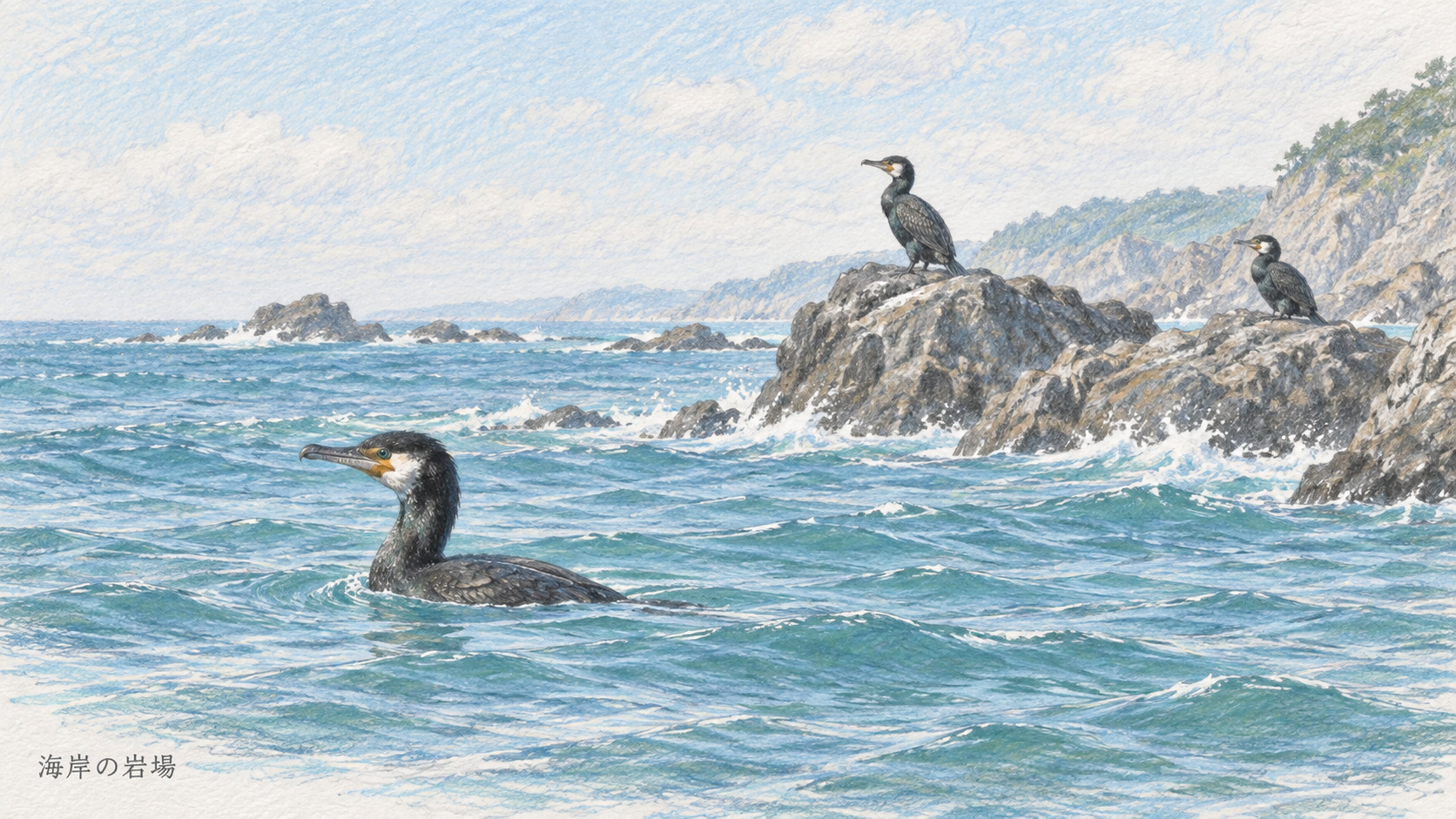 岩礁海岸で休むウミウと青緑の海を描いた色鉛筆画