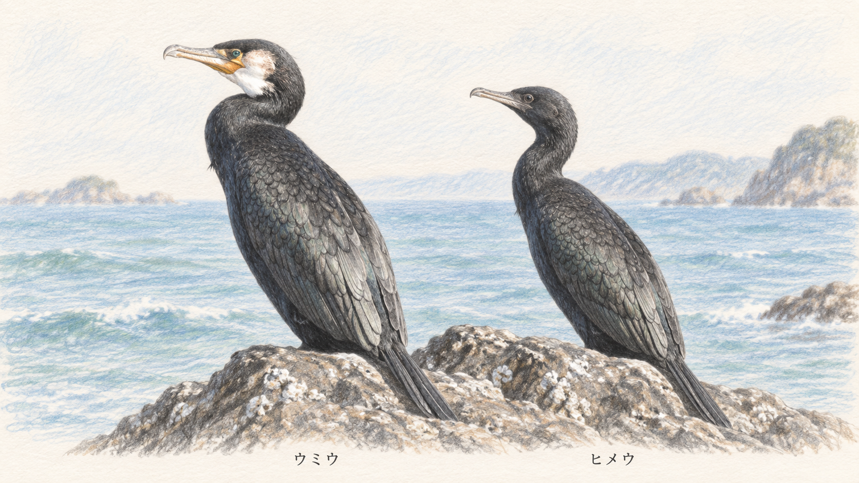 白い頬と黄色い口元があるウミウと、細身のヒメウを比べた色鉛筆画