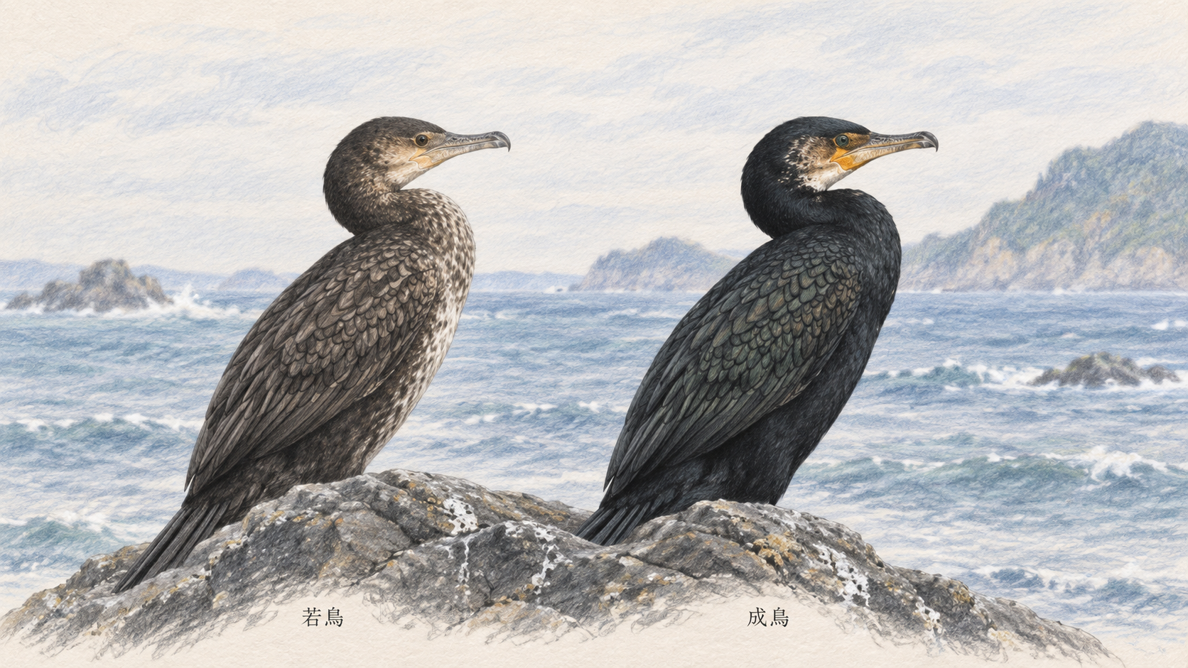 褐色で下面が白っぽい若鳥と黒い成鳥を並べた色鉛筆画