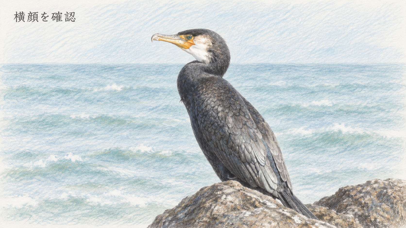 ウミウの横顔、黄色い口元、白い頬、黒い翼を確認できる色鉛筆画