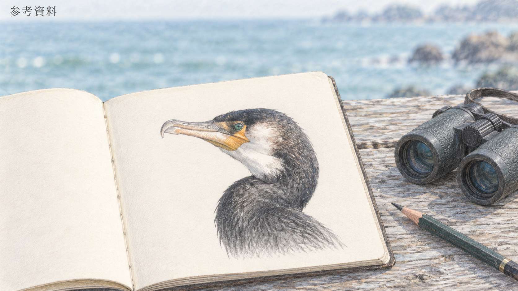ウミウの頭部を描いた観察ノートと双眼鏡の色鉛筆画