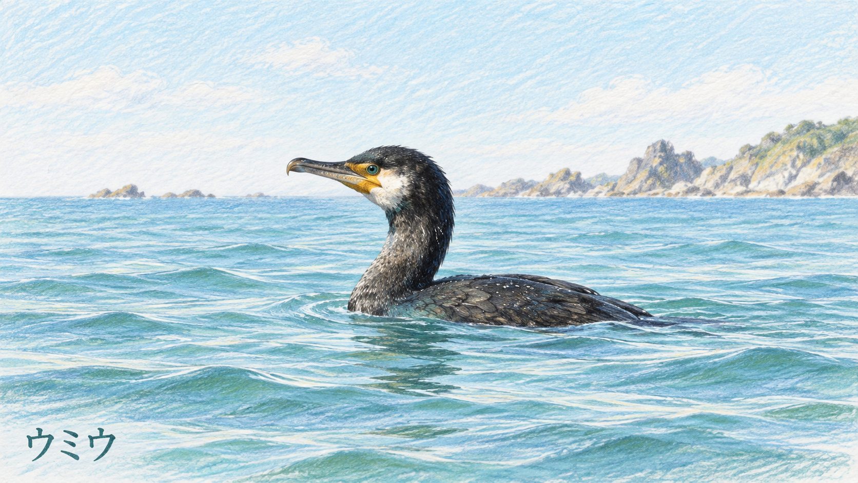 青緑の海を泳ぐウミウ。白い頬と黄色い口元が分かる色鉛筆画