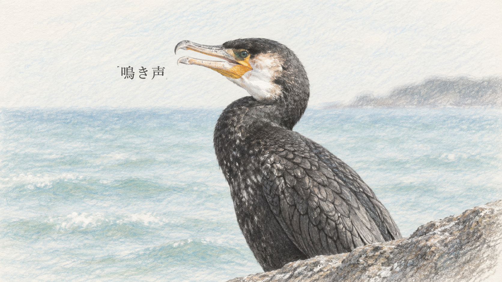 岩場でくちばしを開くウミウの横顔を描いた色鉛筆画