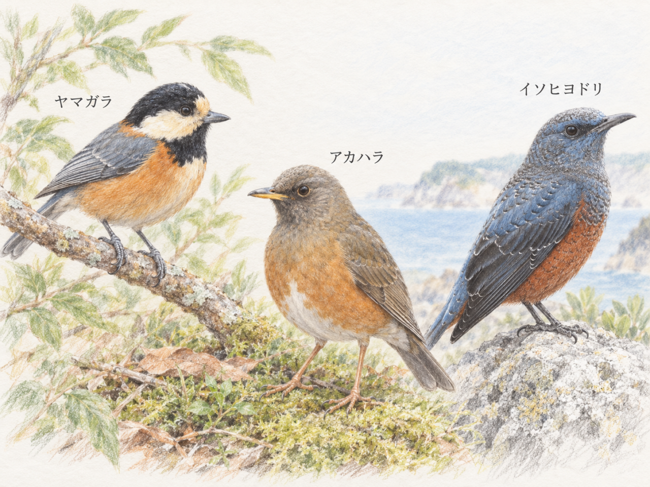 ヤマガラ、アカハラ、イソヒヨドリのオスを並べた色鉛筆画