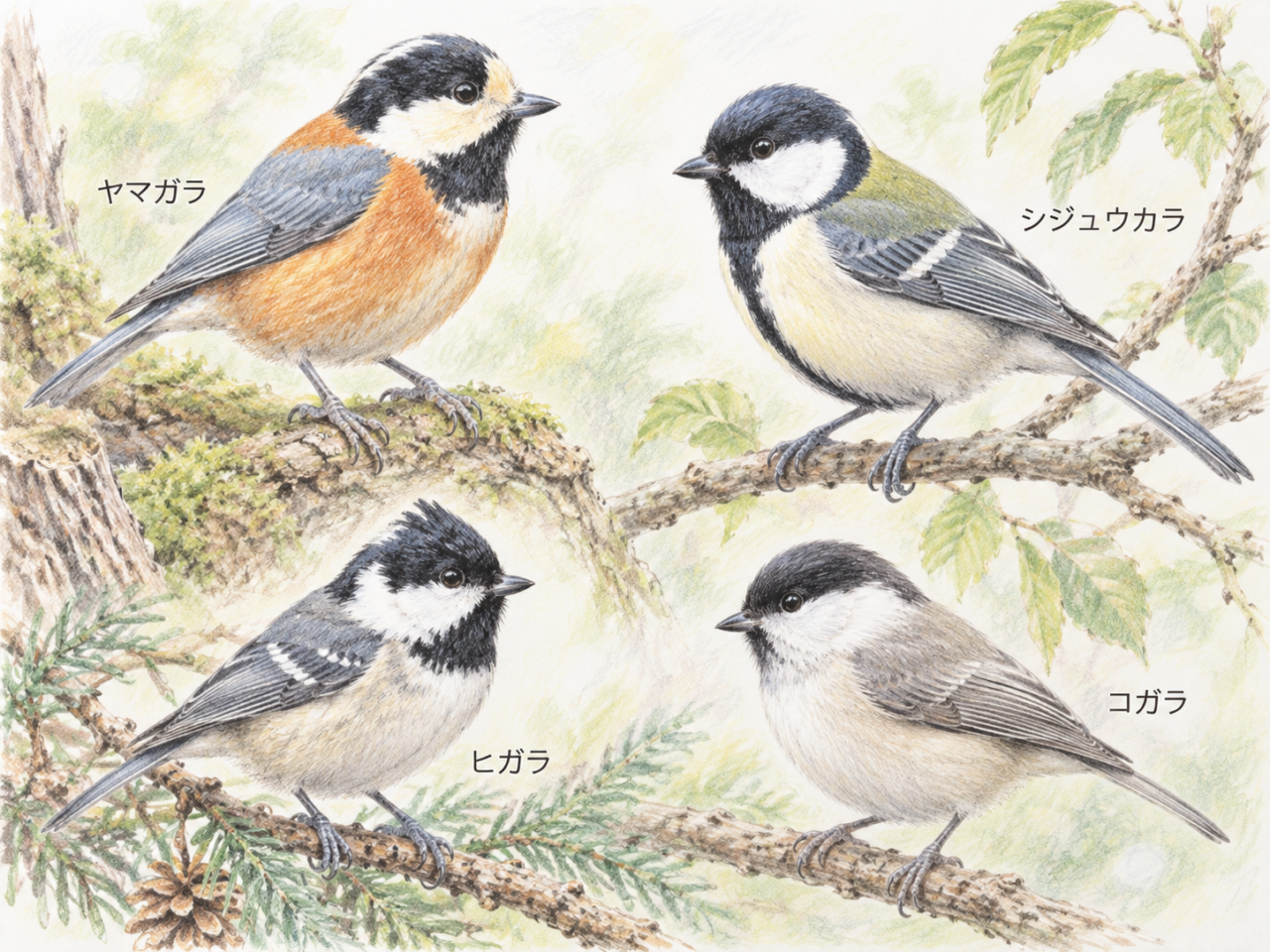 ヤマガラ、シジュウカラ、ヒガラ、コガラの顔とお腹の色を比較する色鉛筆画