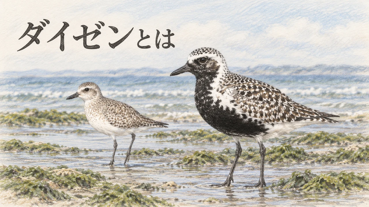 干潟に立つ夏羽のダイゼンと淡色のダイゼンを描いた色鉛筆画