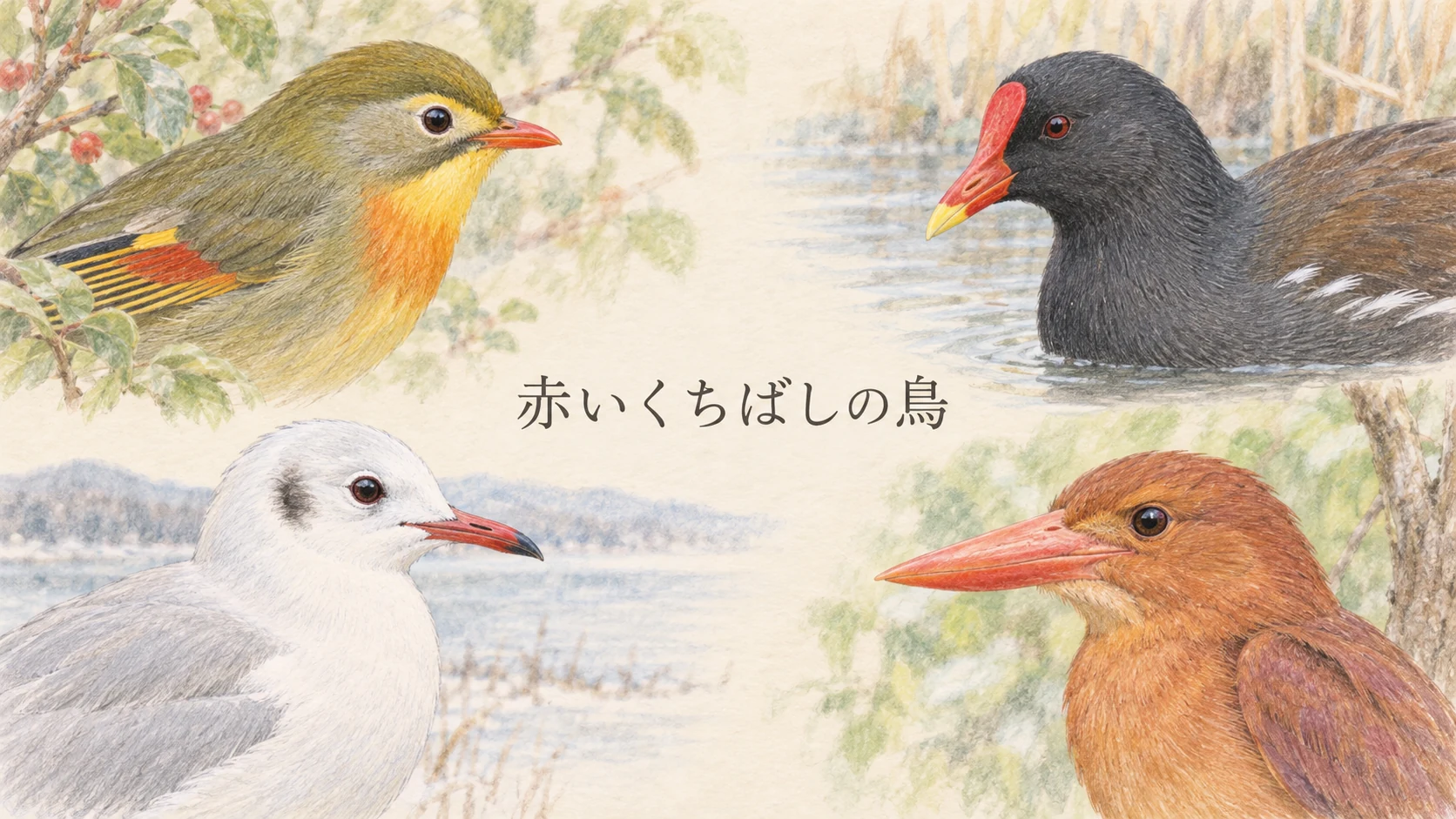 赤いくちばしの鳥を代表するソウシチョウ、バン、ユリカモメ、アカショウビンの色鉛筆画