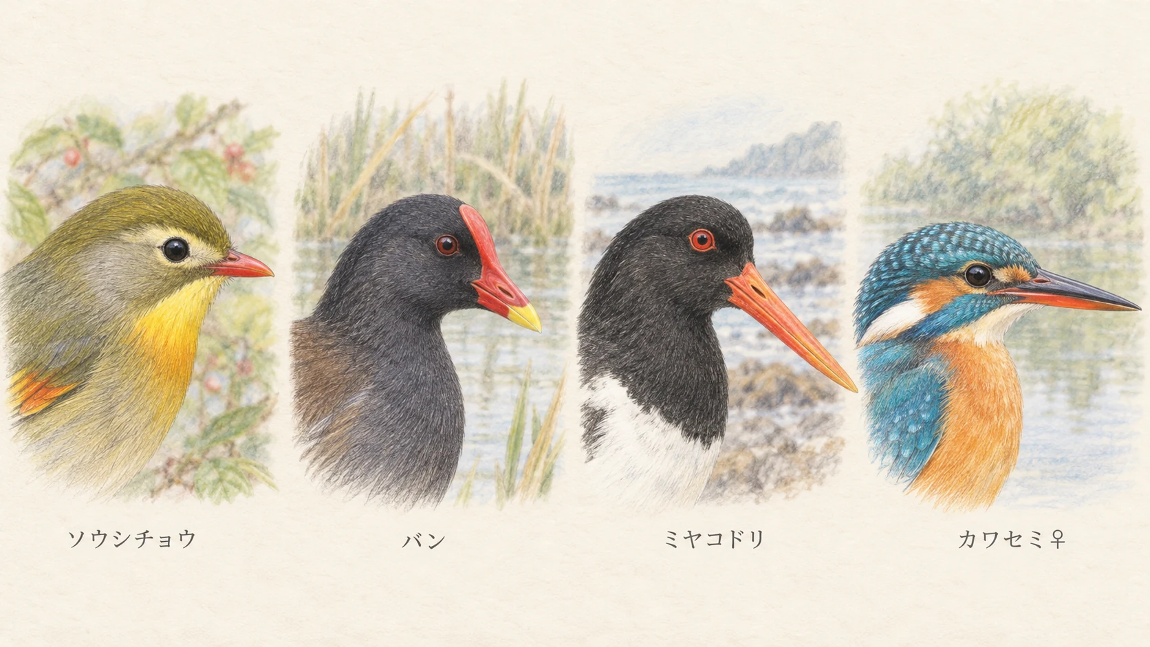 ソウシチョウ、バン、ミヤコドリ、カワセミのメスのくちばしを比べる色鉛筆画