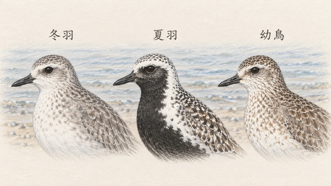 ダイゼンの冬羽、夏羽、幼鳥の羽色を並べた比較イラスト