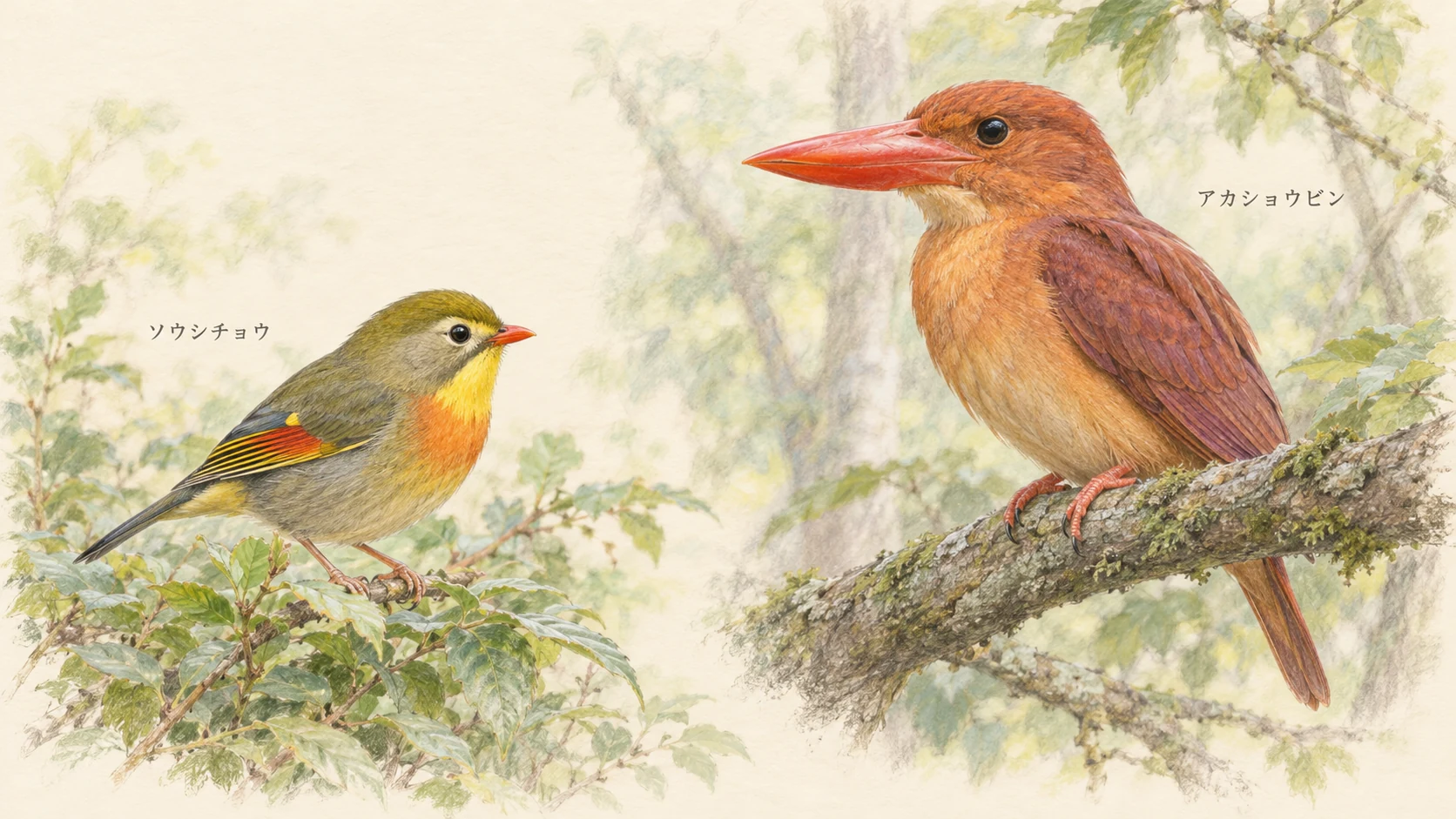 林の枝にとまるソウシチョウとアカショウビンを描いた横長の色鉛筆画
